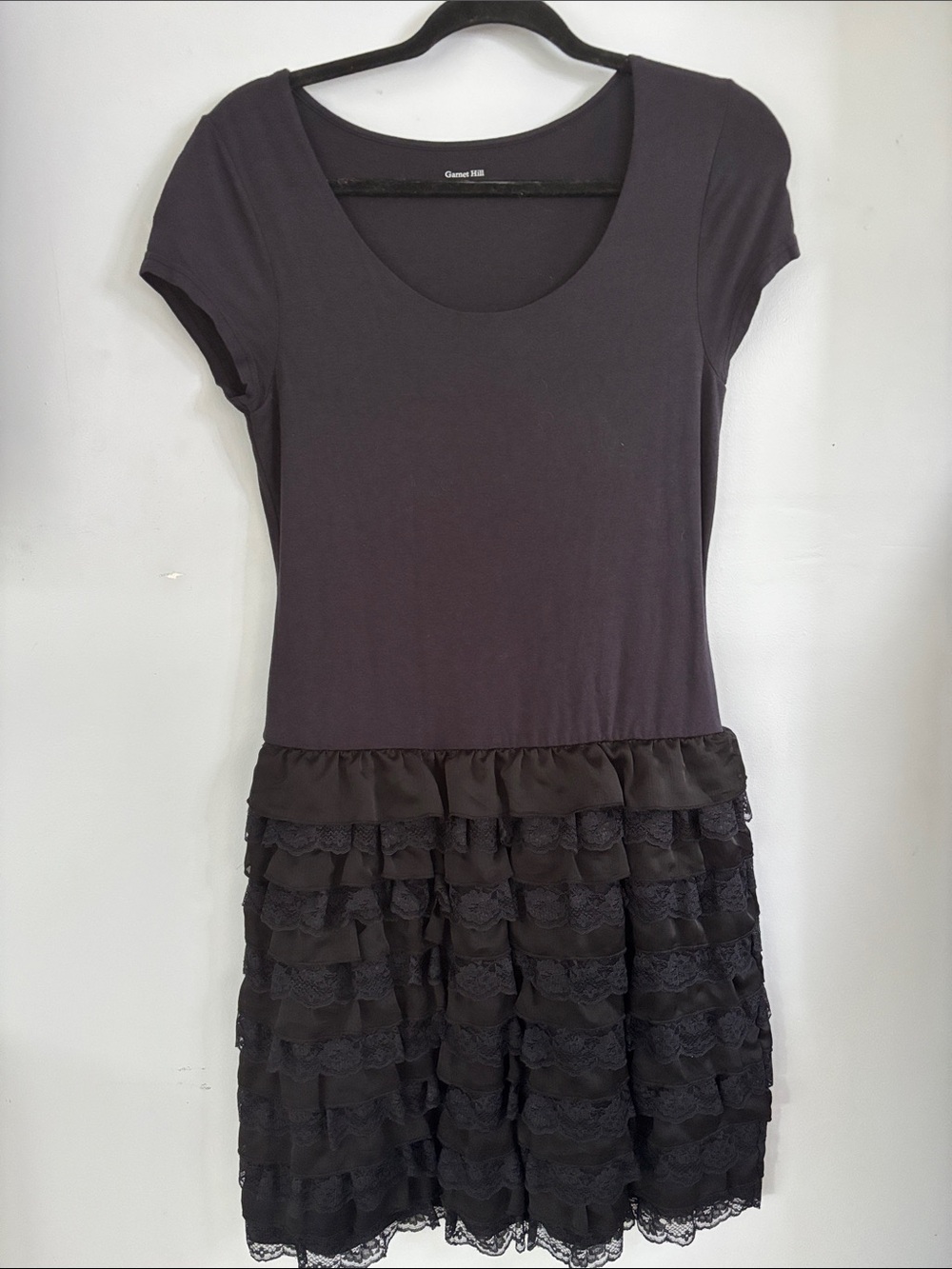 Garnet Hill Charcoal Scoop Neck Ruffle Lace Mini Dress